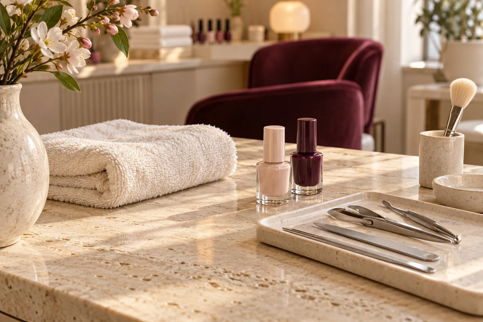 Illustrative nail-care setting with carefully arranged tools and soft neutral details